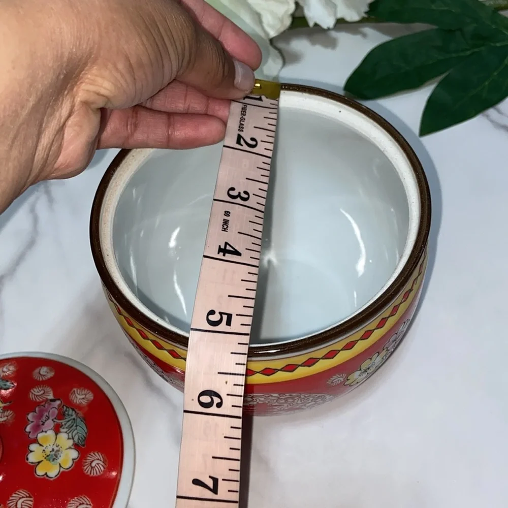Vintage Chinese Qianlong Porcelain Jar Red Enamel Lidded Stamped Floral Design